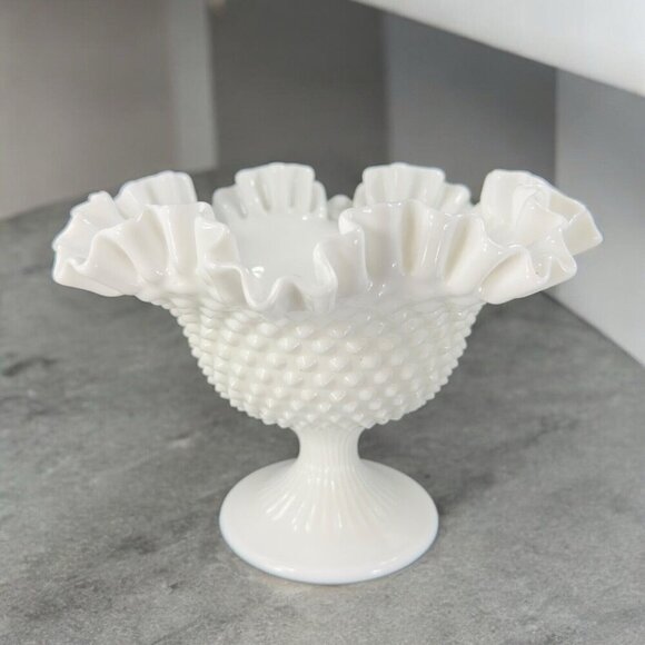 Fenton Other - Fenton White Hobnail Footed Compote Ruffled Rim Edges Pedestal Bowl Dish Vintage